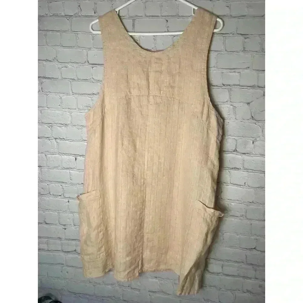 Flax Women's Medium 100% Linen Sleeveless Dress Peach Lagenlook